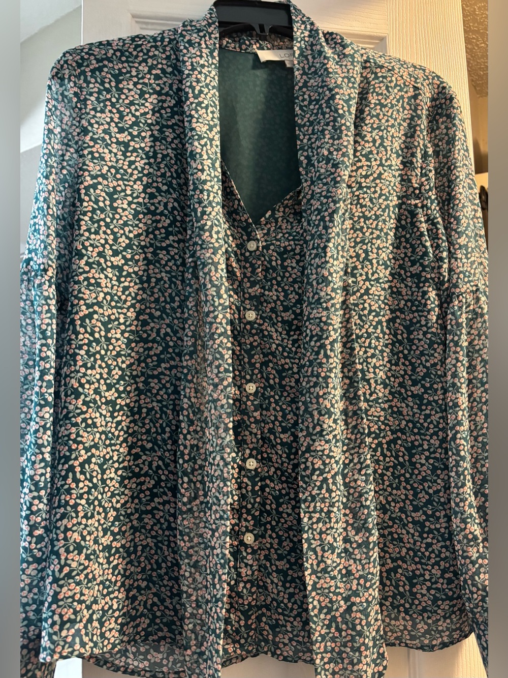LOFT Teal Floral Button-Front Blouse with Pink Accents